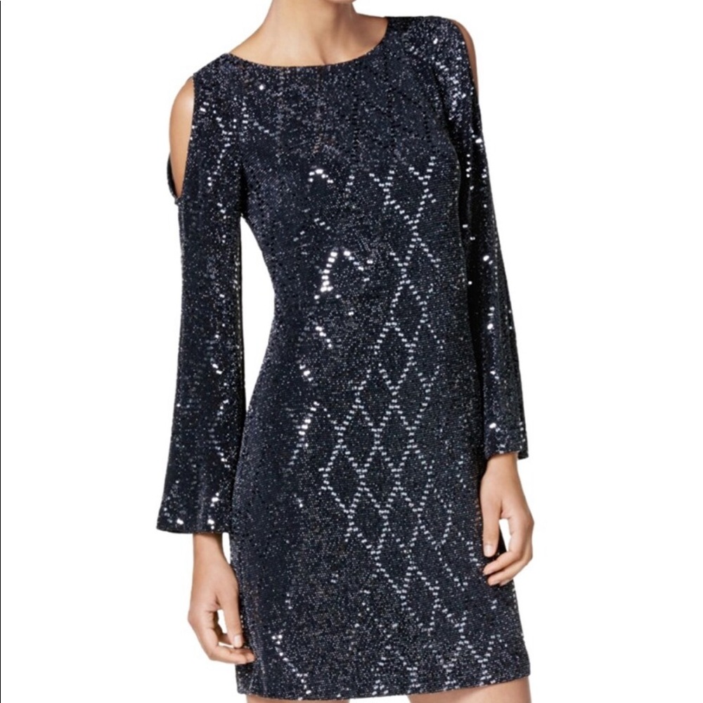 Jessica Howard Black and Metallic Silver Dress Embellished Cold Shoulder mini